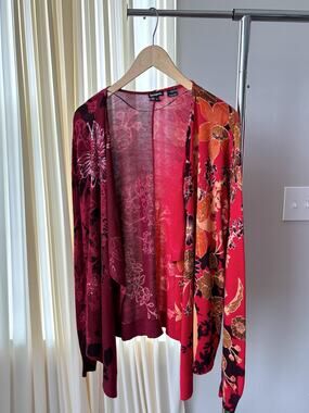 Desigual Cardigan Medium Red Floral Open Front Flowy Sequin Patchwork Boho Chic